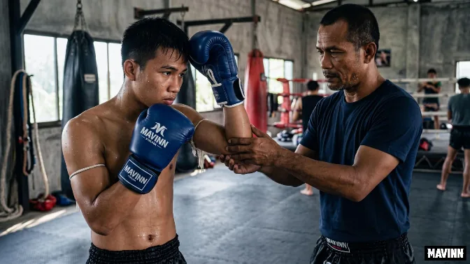Coach adjusting a beginner's guard, showing how to learn Muay Thai with hands-on correction