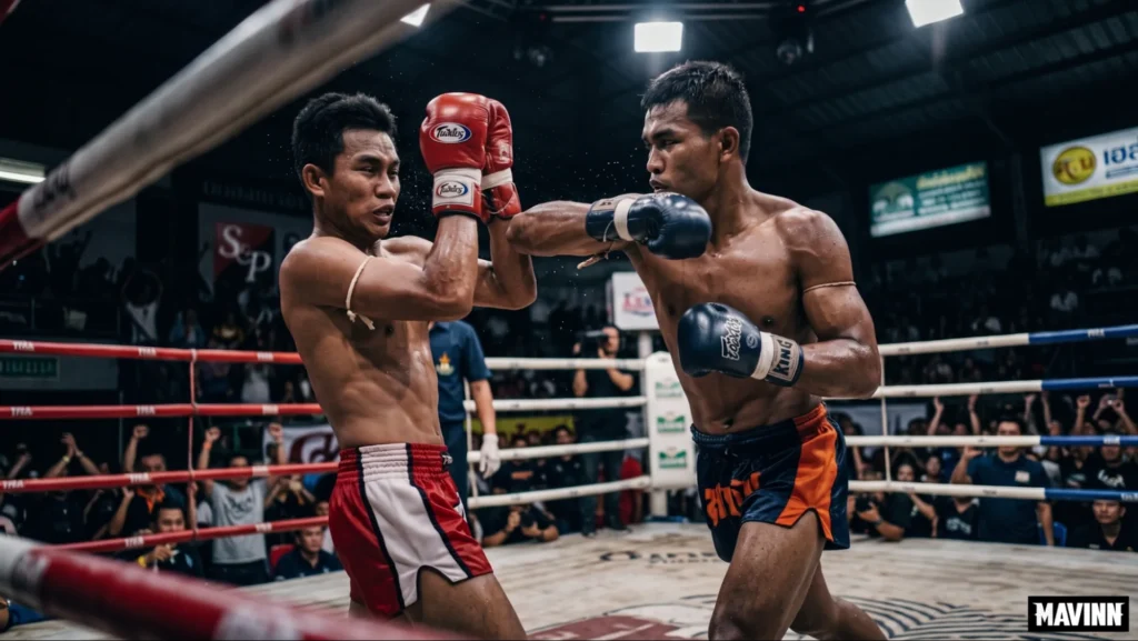Fighter landing an elbow strike Muay Thai style through his opponent's guard
