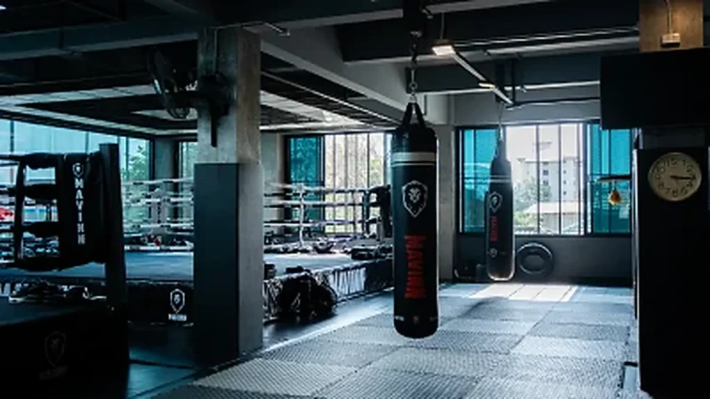 Gym Indoor training area at MAVINN Muay Thai with heavy bags beside the ring
