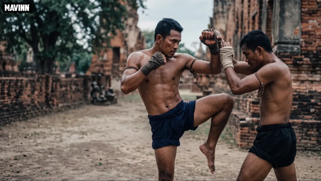 Two fighters with kard chuek rope wraps drilling Muay Boran at an old temple ruin