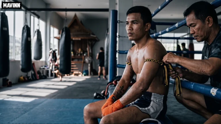 Trainer tying a coloured armband on a fighter under the Muay Thai belt system
