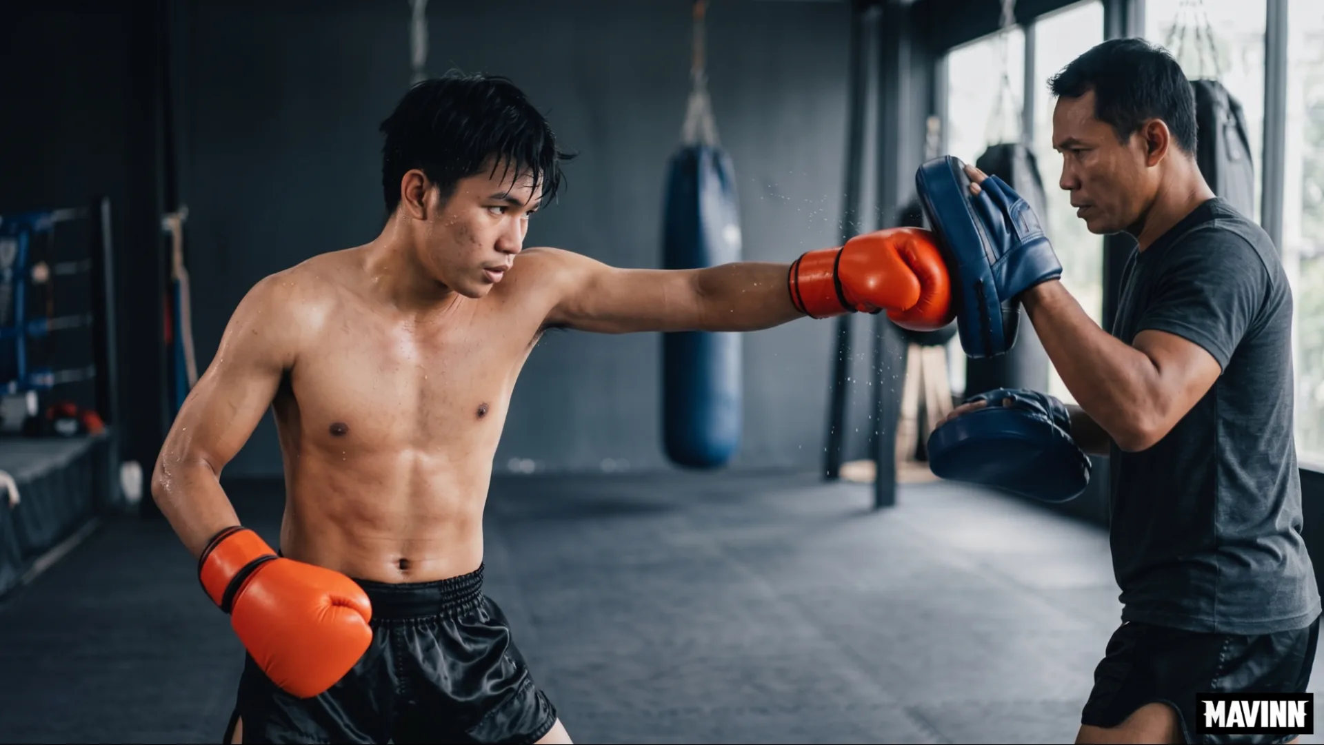 Student drilling Muay Thai combos on focus mitts with a trainer at the gym