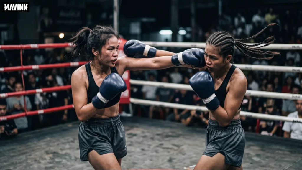 Fighter throwing a straight punch as part of a Muay Thai combo in the ring