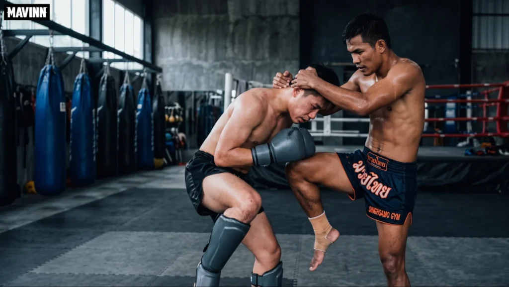 Home Fighter landing a Muay Thai knee kick from the clinch during a gym session