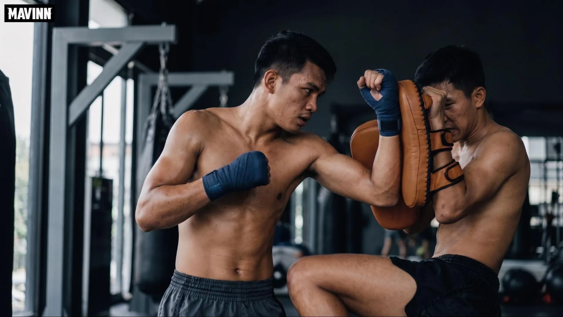 Fighter driving an elbow into a coach's Thai pad during a padwork round