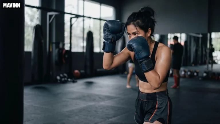 Woman holding a fighting guard while training Muay Thai for self defense at the gym