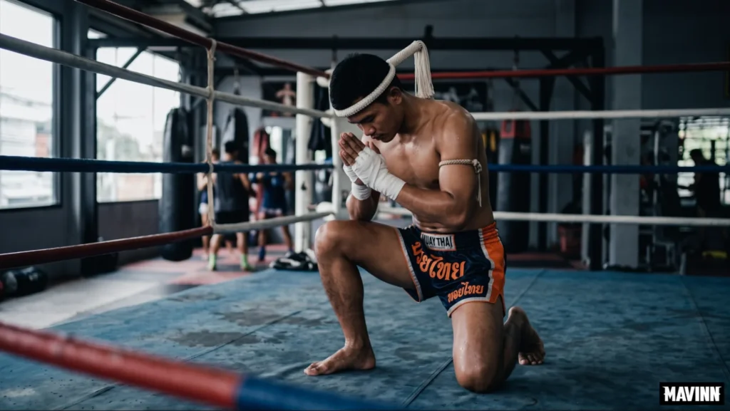 Fighter kneeling in the ring wearing a mongkhon during the Muay Thai Wai Kru