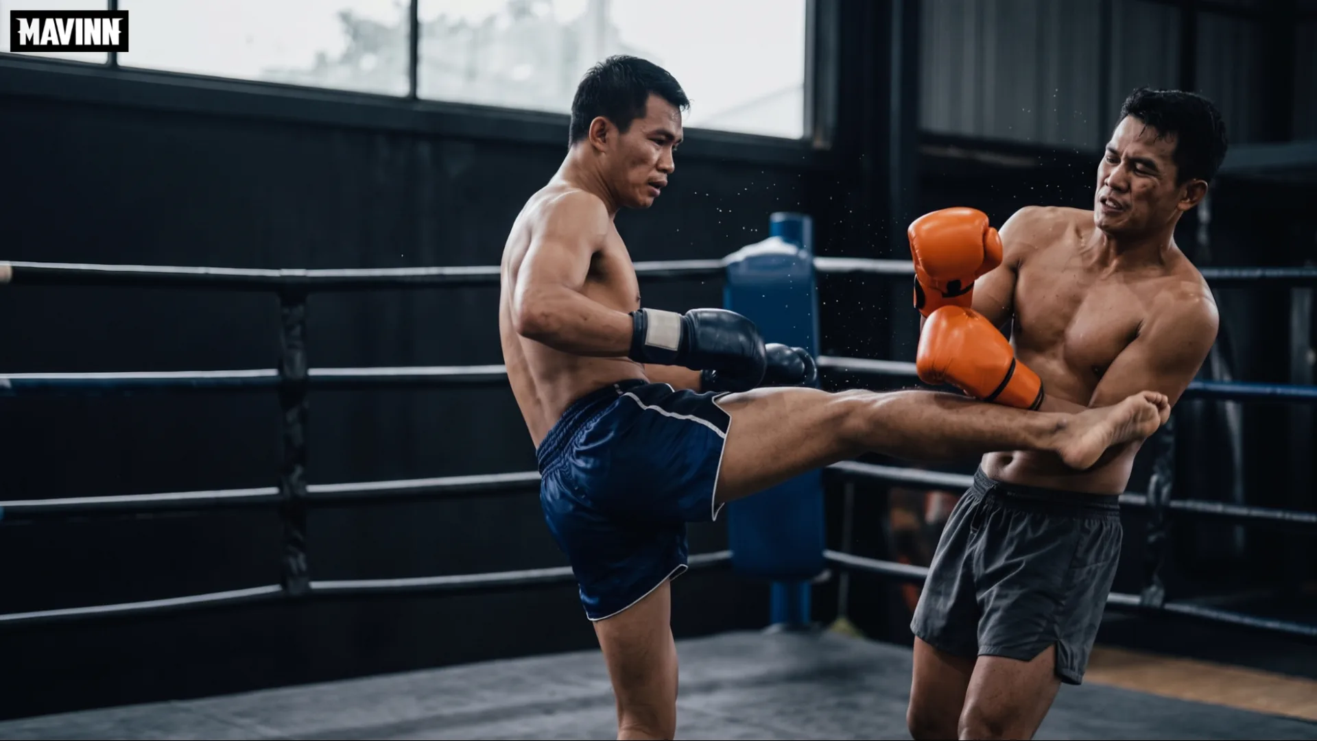 Fighter landing a body kick as his opponent tries to catch the leg