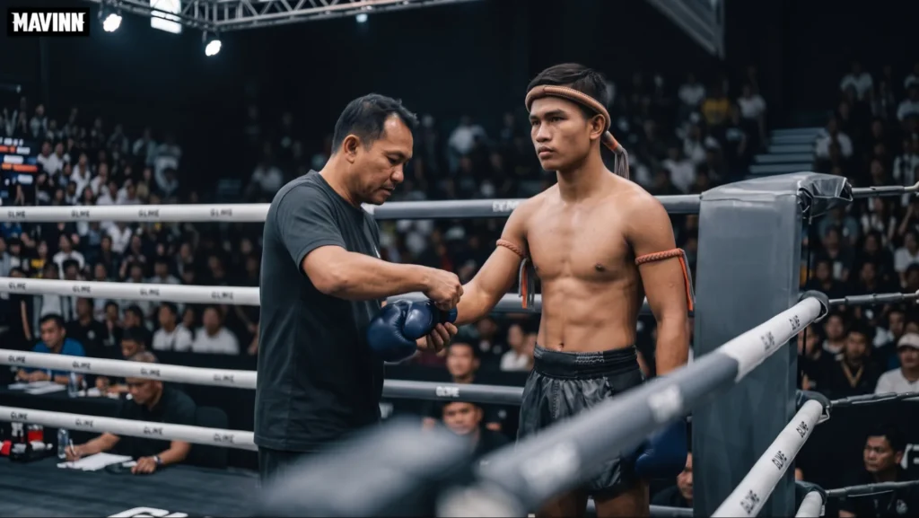 Home Official checking a fighter's gloves in the corner as the rules of Muay Thai require