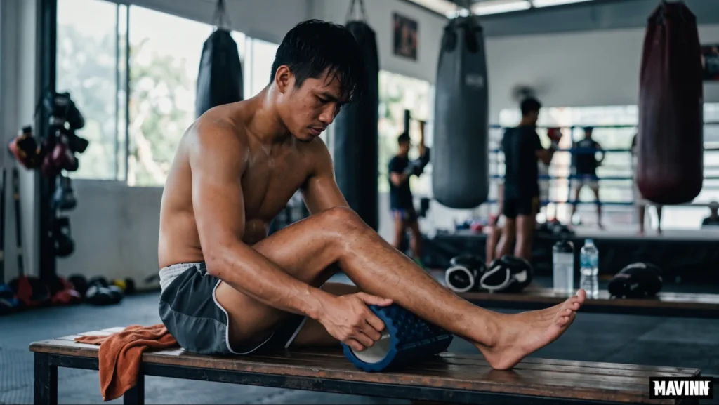 Fighter rolling his shin on a foam roller after shin conditioning for Muay Thai