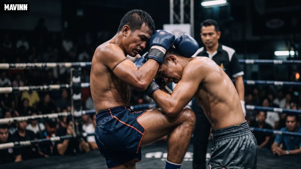 Muay Thai fighter landing a knee from the Thai clinch during a stadium bout